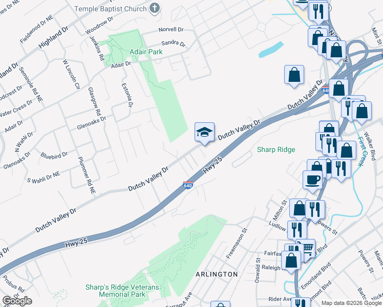 map of restaurants, bars, coffee shops, grocery stores, and more near 1904 Dutch Valley Drive Northeast in Knoxville