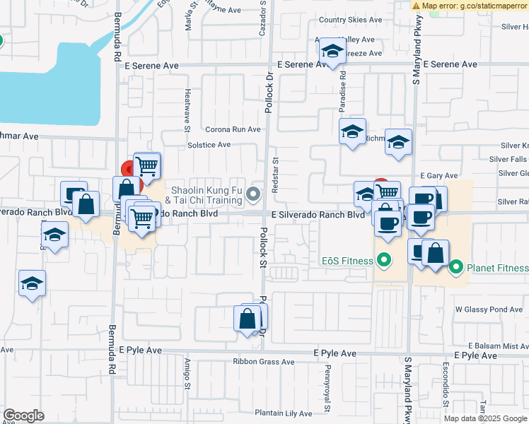 map of restaurants, bars, coffee shops, grocery stores, and more near East Silverado Ranch Boulevard in Clark County