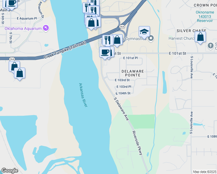 map of restaurants, bars, coffee shops, grocery stores, and more near River Road in Tulsa County