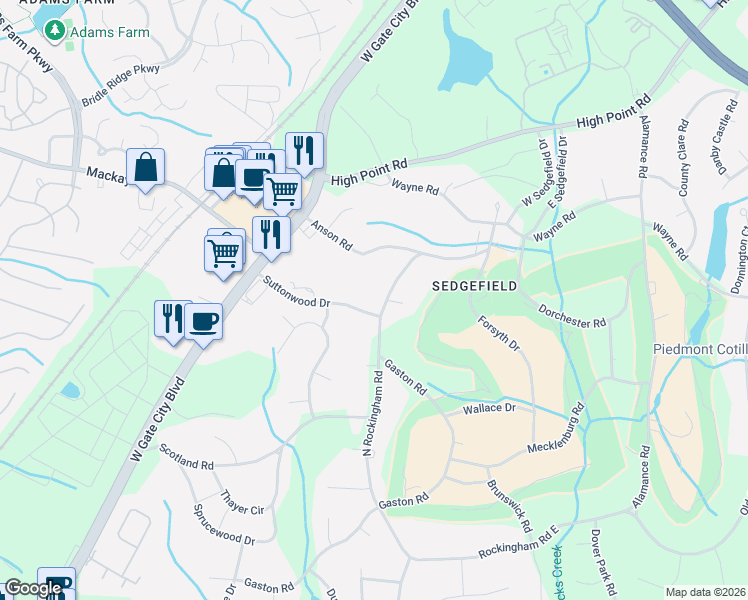 map of restaurants, bars, coffee shops, grocery stores, and more near 3215 North Rockingham Road in Greensboro