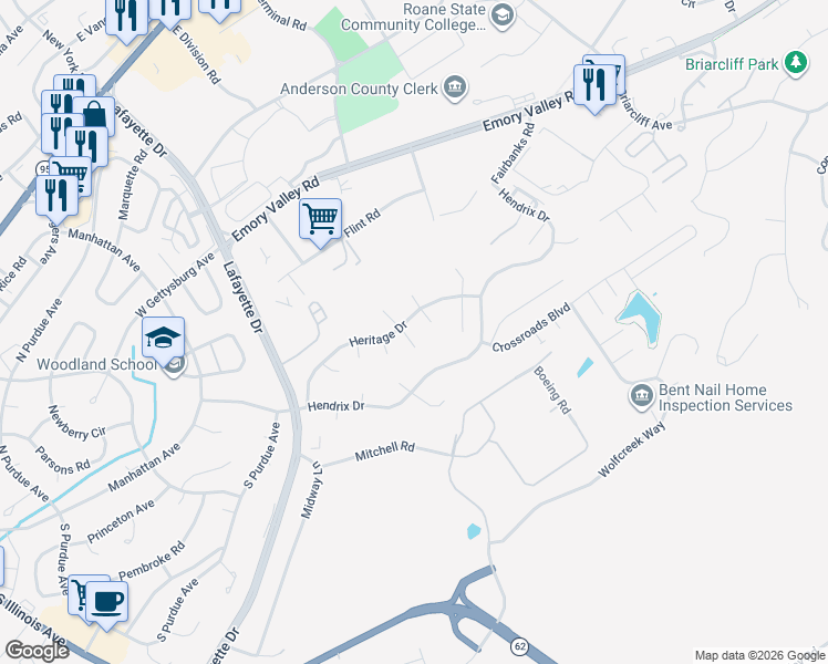 map of restaurants, bars, coffee shops, grocery stores, and more near 104 Haven Hill Lane in Oak Ridge