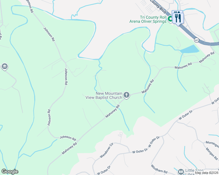 map of restaurants, bars, coffee shops, grocery stores, and more near 396 Mahoney Road in Oliver Springs