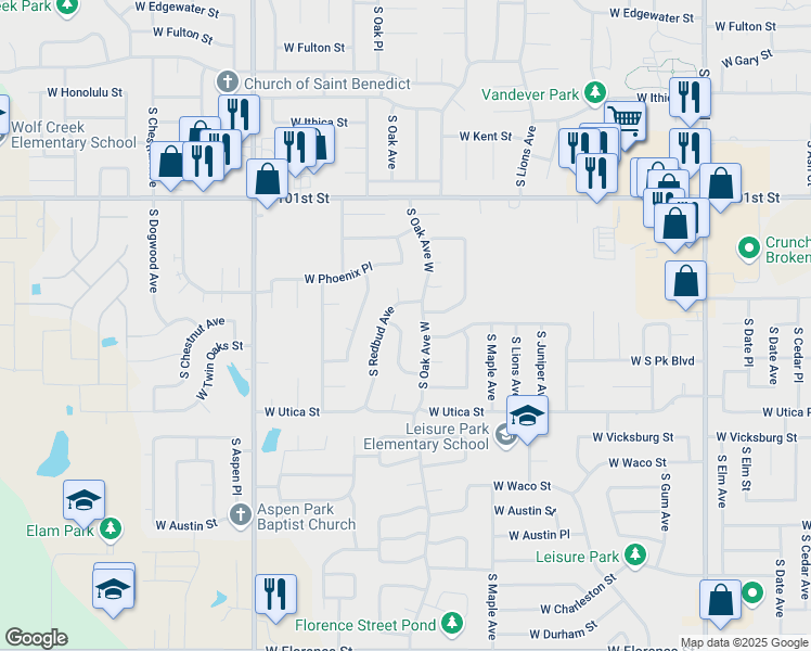 map of restaurants, bars, coffee shops, grocery stores, and more near 4009 S Poplar Ave in Broken Arrow