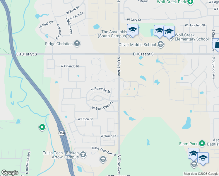 map of restaurants, bars, coffee shops, grocery stores, and more near 3801 South Sweetgum Place in Broken Arrow