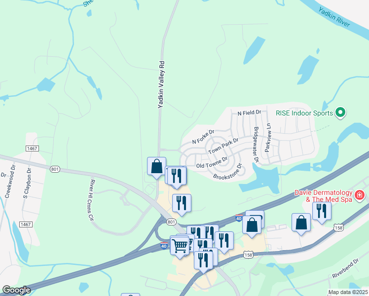 map of restaurants, bars, coffee shops, grocery stores, and more near 118 North Forke Drive in Advance
