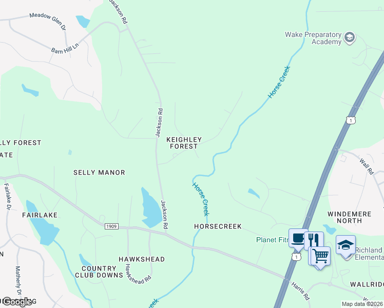 map of restaurants, bars, coffee shops, grocery stores, and more near 8305 Wycombe Ridge Way in Wake Forest