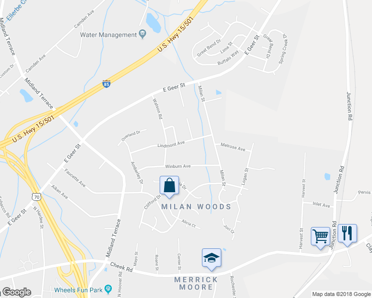 map of restaurants, bars, coffee shops, grocery stores, and more near 2416 Lindmont Avenue in Durham