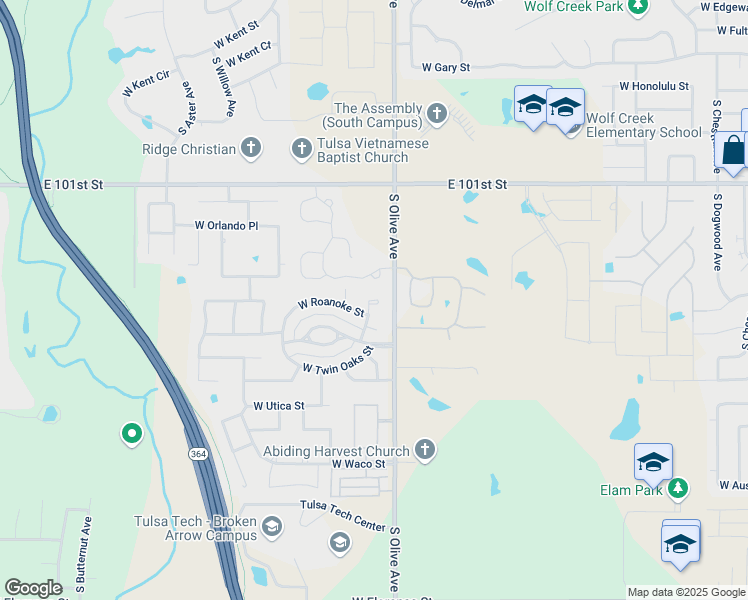 map of restaurants, bars, coffee shops, grocery stores, and more near 3600 West Quantico Street South in Broken Arrow