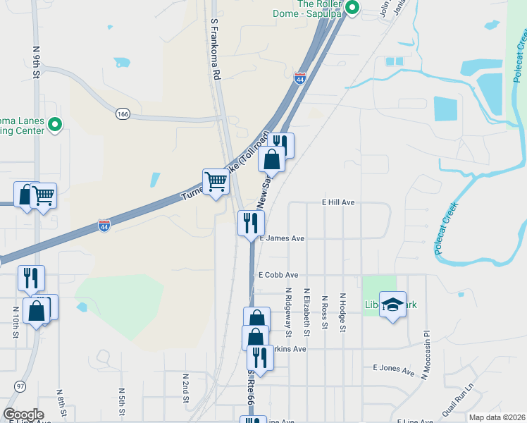 map of restaurants, bars, coffee shops, grocery stores, and more near 1101 New Sapulpa Road in Sapulpa