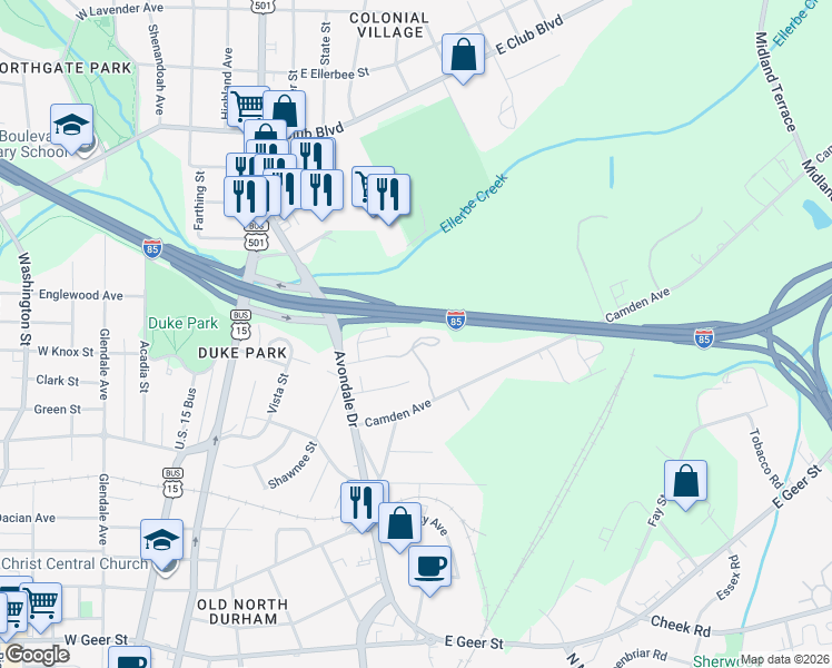 map of restaurants, bars, coffee shops, grocery stores, and more near 614 East Knox Street in Durham
