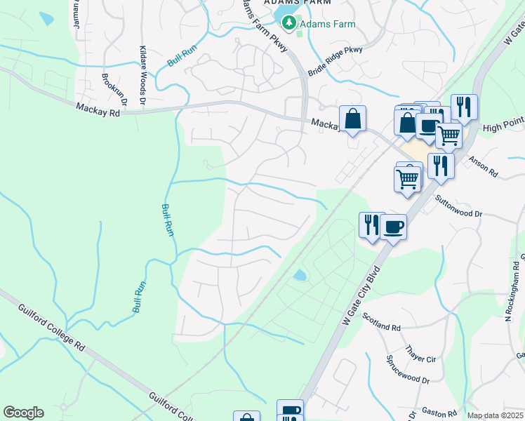 map of restaurants, bars, coffee shops, grocery stores, and more near 5520 Cornerstaff Drive in Greensboro