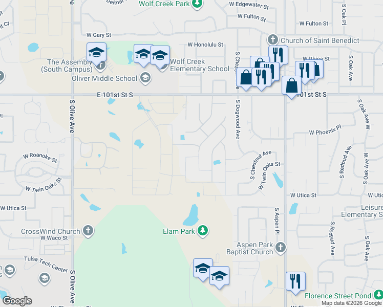map of restaurants, bars, coffee shops, grocery stores, and more near 2801 West Quantico Street in Broken Arrow