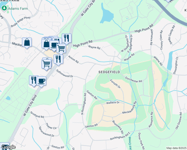 map of restaurants, bars, coffee shops, grocery stores, and more near 3215 North Rockingham Road in Greensboro