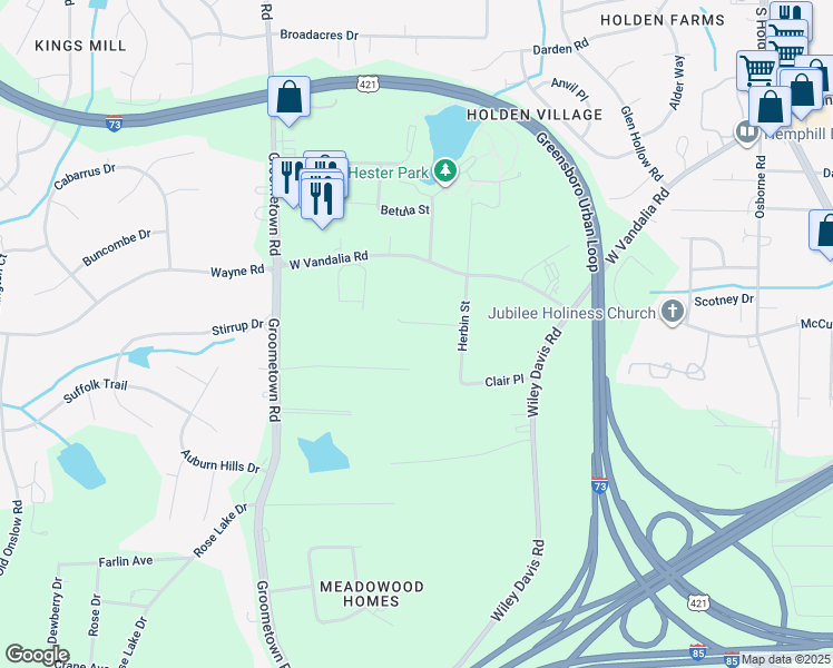 map of restaurants, bars, coffee shops, grocery stores, and more near 3919 Sedgegrow Drive in Greensboro