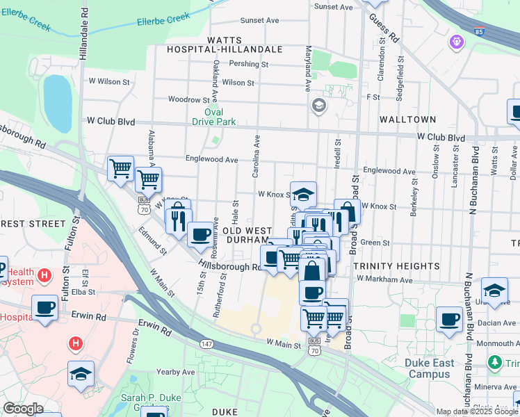 map of restaurants, bars, coffee shops, grocery stores, and more near 918 Carolina Avenue in Durham