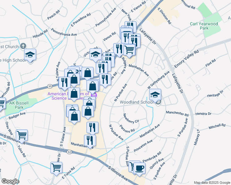 map of restaurants, bars, coffee shops, grocery stores, and more near 315 South Rutgers Avenue in Oak Ridge
