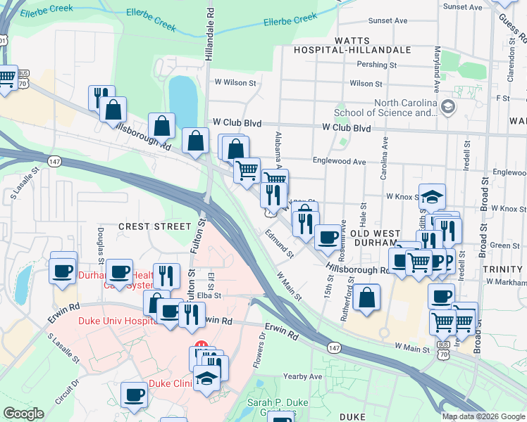 map of restaurants, bars, coffee shops, grocery stores, and more near 2813 Hillsborough Road in Durham