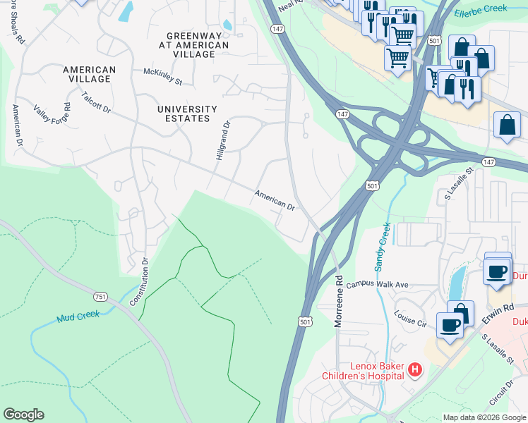 map of restaurants, bars, coffee shops, grocery stores, and more near 626 Morreene Road in Durham