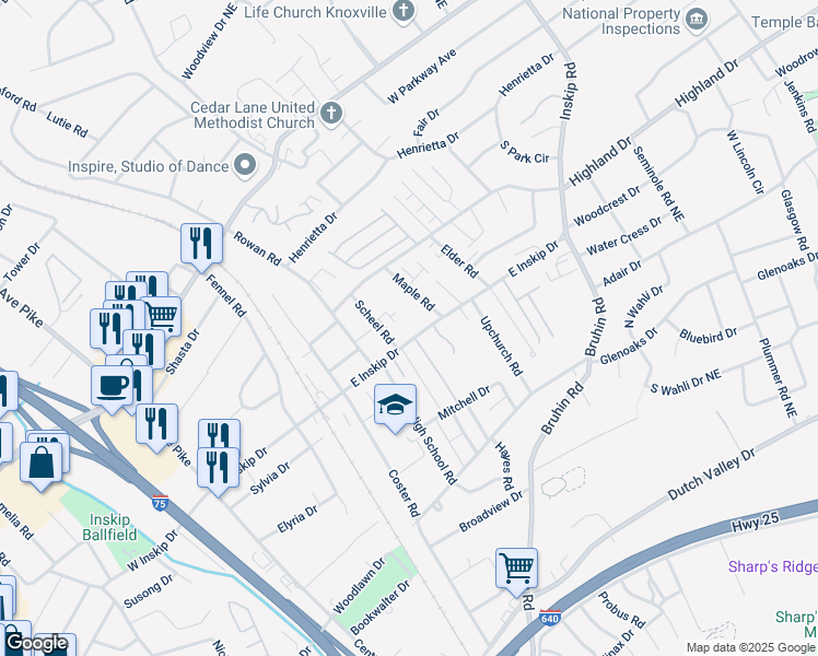 map of restaurants, bars, coffee shops, grocery stores, and more near 4800 Scheel Road in Knoxville