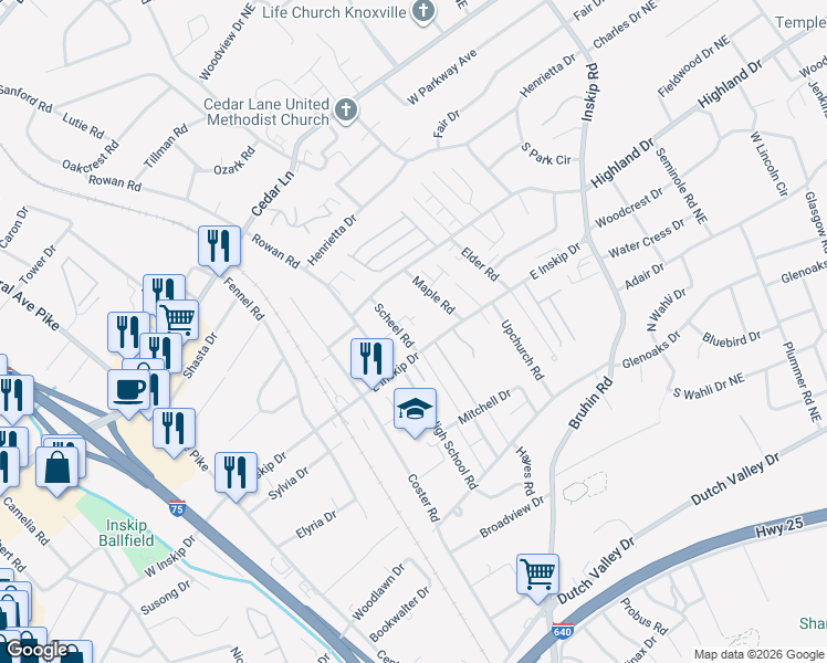 map of restaurants, bars, coffee shops, grocery stores, and more near 4800 Scheel Road in Knoxville