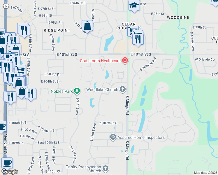 map of restaurants, bars, coffee shops, grocery stores, and more near 9529 East 104th Street in Tulsa