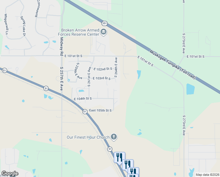 map of restaurants, bars, coffee shops, grocery stores, and more near 10287 South 263rd East Avenue in Broken Arrow