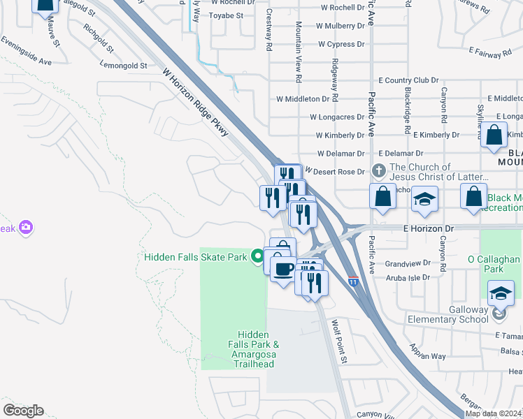 map of restaurants, bars, coffee shops, grocery stores, and more near 231 West Horizon Ridge Parkway in Henderson
