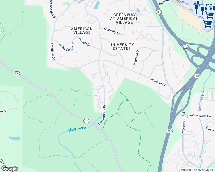 map of restaurants, bars, coffee shops, grocery stores, and more near 1143 White Pine Drive in Durham
