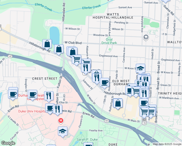map of restaurants, bars, coffee shops, grocery stores, and more near 2707 West Knox Street in Durham