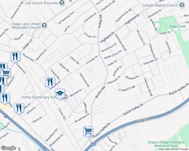 map of restaurants, bars, coffee shops, grocery stores, and more near 4719 Scepter Way in Knoxville