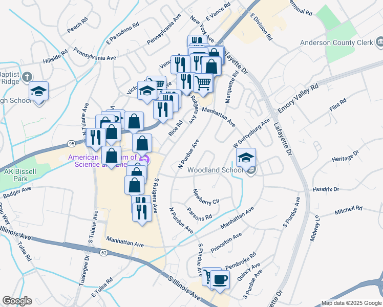 map of restaurants, bars, coffee shops, grocery stores, and more near 193 North Purdue Avenue in Oak Ridge