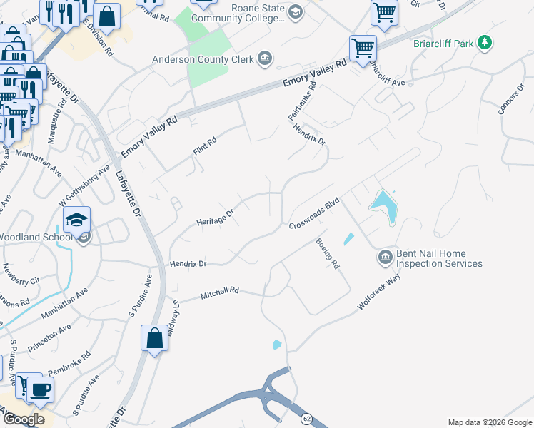 map of restaurants, bars, coffee shops, grocery stores, and more near 107 Hardwick Place in Oak Ridge