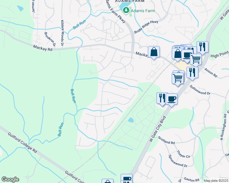 map of restaurants, bars, coffee shops, grocery stores, and more near 5520 Cornerstaff Drive in Greensboro