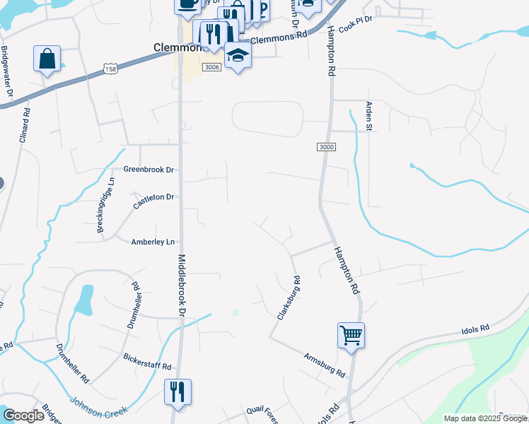map of restaurants, bars, coffee shops, grocery stores, and more near 125 Clarksburg Court in Clemmons