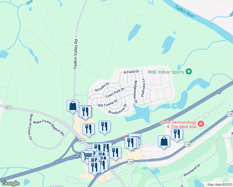 map of restaurants, bars, coffee shops, grocery stores, and more near 184 Town Park Drive in Bermuda Run