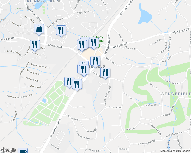 map of restaurants, bars, coffee shops, grocery stores, and more near 5717 Suttonwood Drive in Greensboro