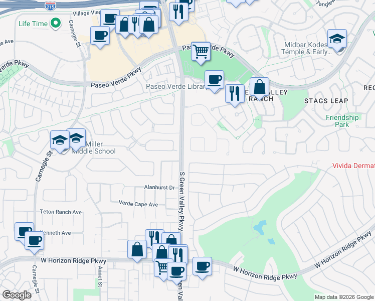 map of restaurants, bars, coffee shops, grocery stores, and more near 2143 Wilbanks Circle in Henderson
