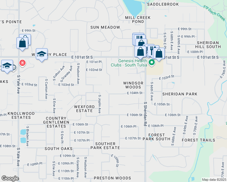 map of restaurants, bars, coffee shops, grocery stores, and more near 6017 East 104th Street in Tulsa