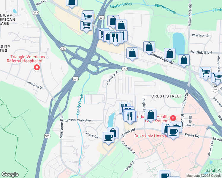 map of restaurants, bars, coffee shops, grocery stores, and more near 411 South Lasalle Street in Durham