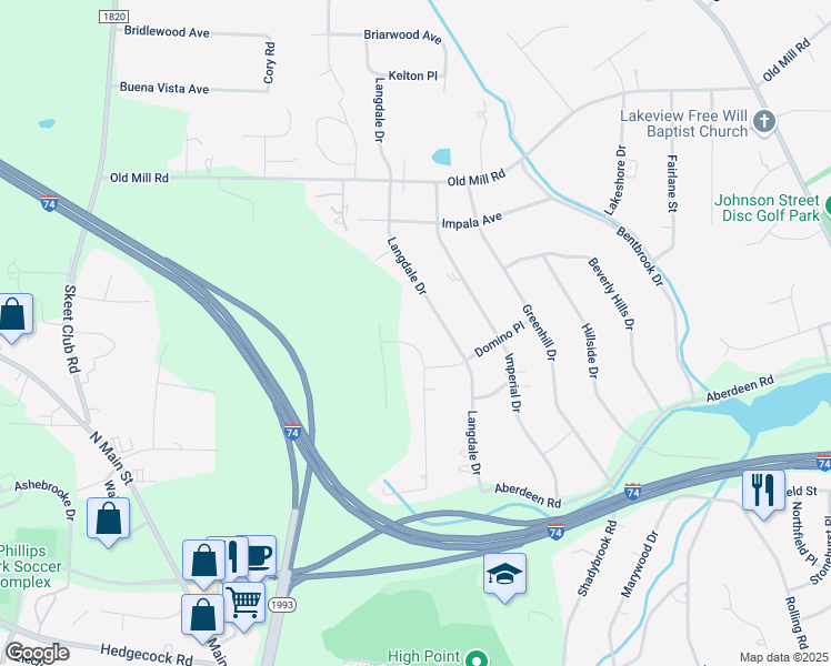 map of restaurants, bars, coffee shops, grocery stores, and more near 3505 Langdale Drive in High Point