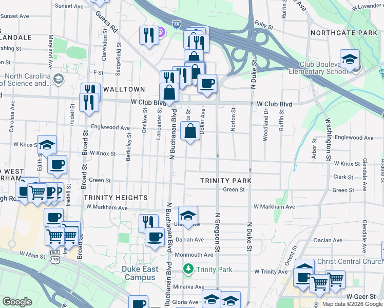 map of restaurants, bars, coffee shops, grocery stores, and more near 1108 West Knox Street in Durham