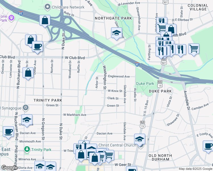map of restaurants, bars, coffee shops, grocery stores, and more near 1408 Washington Street in Durham