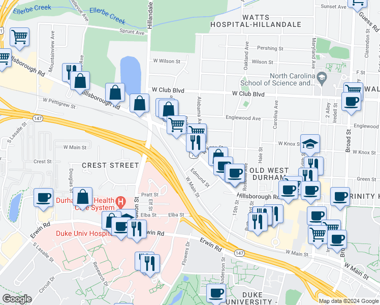 map of restaurants, bars, coffee shops, grocery stores, and more near 2809 Hillsborough Road in Durham