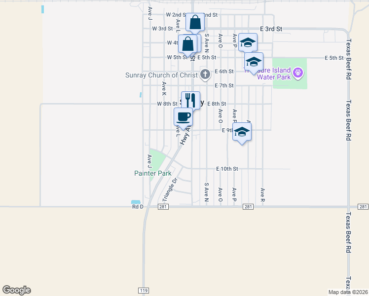map of restaurants, bars, coffee shops, grocery stores, and more near 912 Avenue L in Sunray