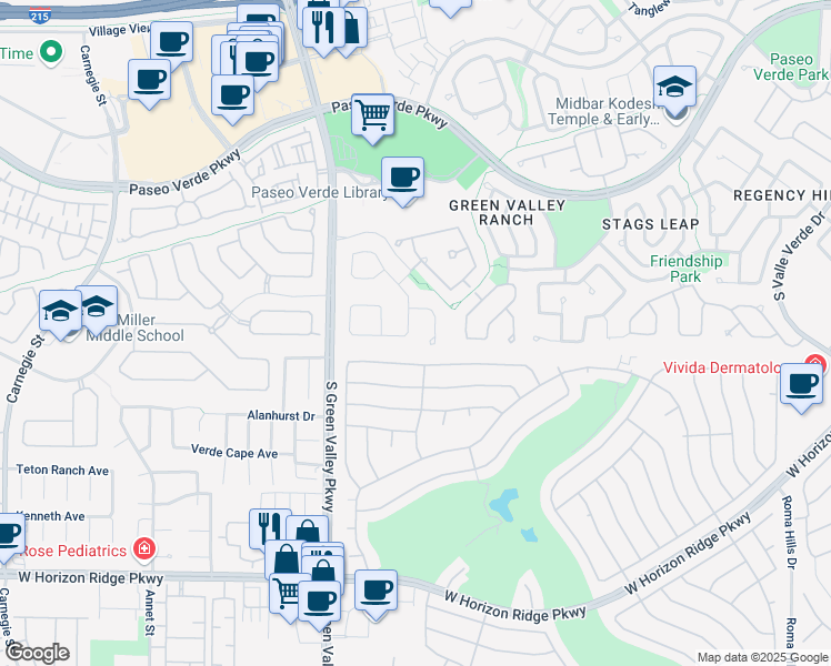 map of restaurants, bars, coffee shops, grocery stores, and more near 344 Doe Run Circle in Henderson