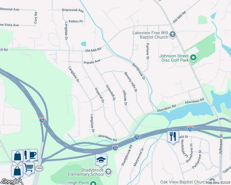 map of restaurants, bars, coffee shops, grocery stores, and more near 3432 Greenhill Drive in High Point