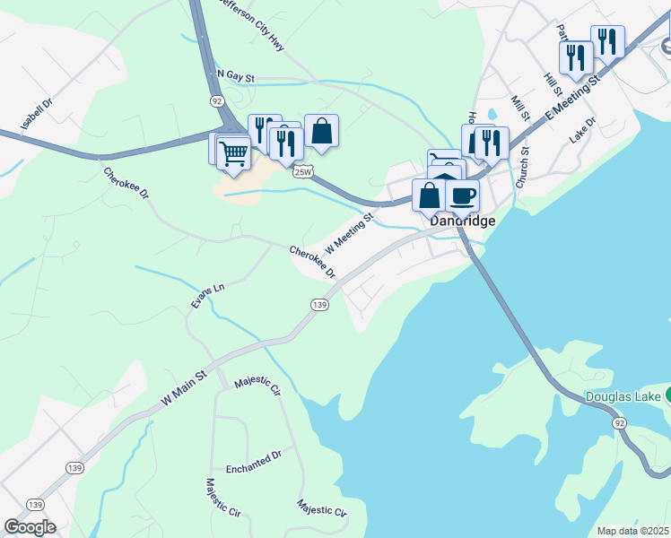 map of restaurants, bars, coffee shops, grocery stores, and more near 706 Cherokee Drive in Dandridge