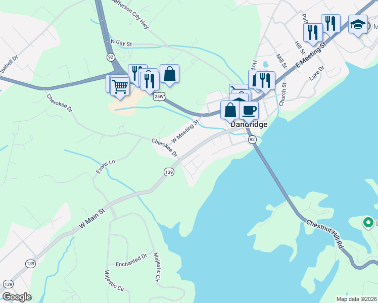 map of restaurants, bars, coffee shops, grocery stores, and more near 267 West Main Street in Dandridge