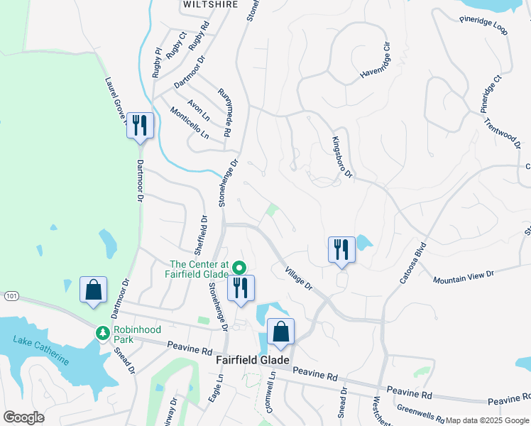 map of restaurants, bars, coffee shops, grocery stores, and more near Oak Knoll in Fairfield Glade