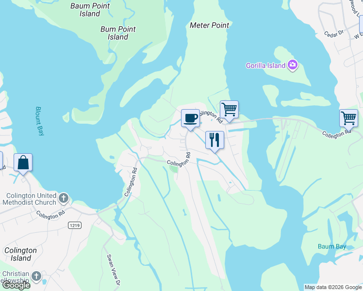 map of restaurants, bars, coffee shops, grocery stores, and more near 1488 Colington Road in Kill Devil Hills